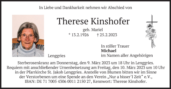 Traueranzeige von Therese Kinshofer von merkurtz