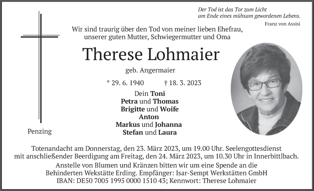  Traueranzeige für Therese Lohmaier vom 21.03.2023 aus merkurtz