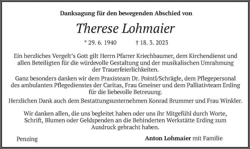  Traueranzeige für Therese Lohmaier vom 01.04.2023 aus merkurtz