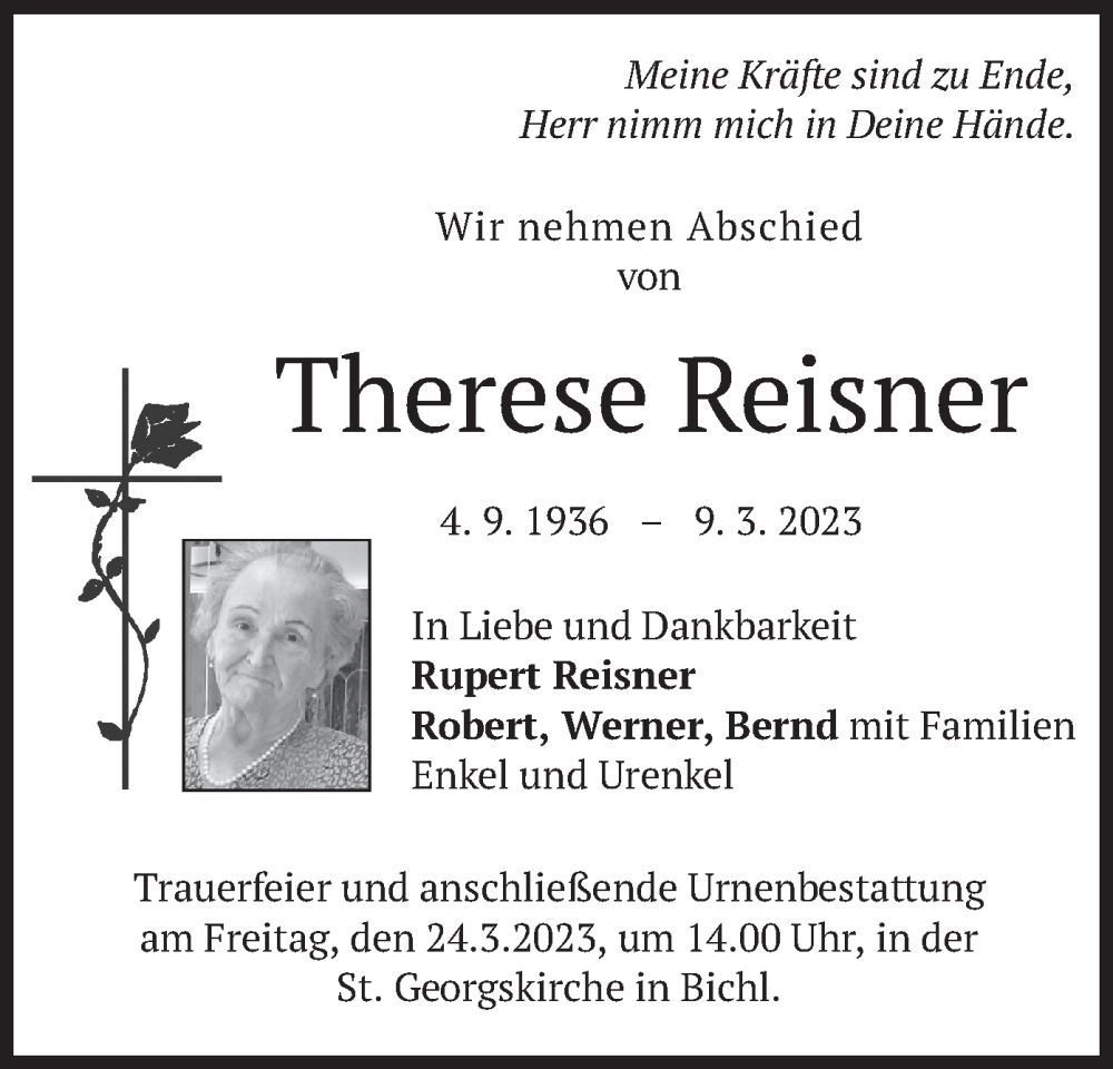  Traueranzeige für Therese Reisner vom 21.03.2023 aus merkurtz