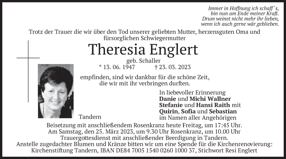  Traueranzeige für Theresia Englert vom 24.03.2023 aus merkurtz