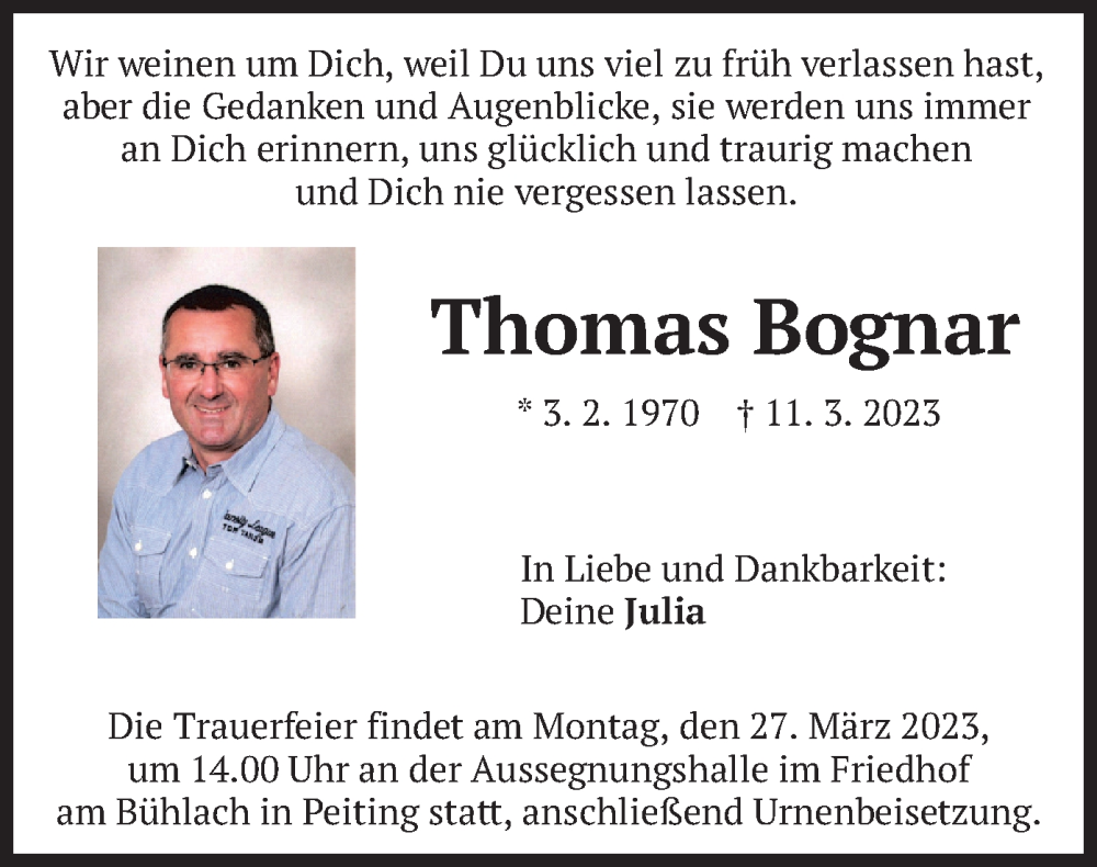  Traueranzeige für Thomas Bognar vom 15.03.2023 aus merkurtz