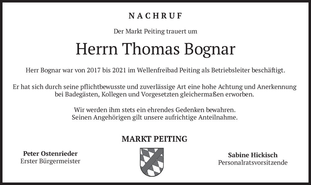  Traueranzeige für Thomas Bognar vom 16.03.2023 aus merkurtz