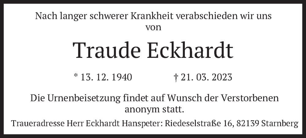  Traueranzeige für Traude Eckhardt vom 25.03.2023 aus merkurtz