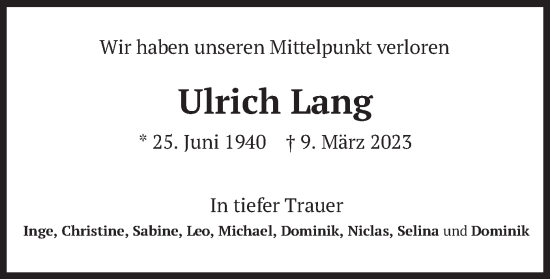 Traueranzeige von Ulrich Lang von merkurtz