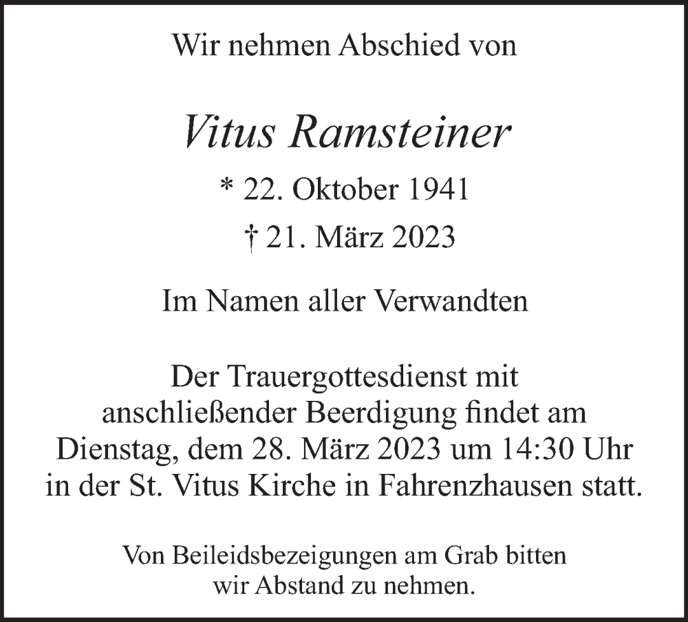 Traueranzeige für Vitus Ramsteiner vom 25.03.2023 aus merkurtz