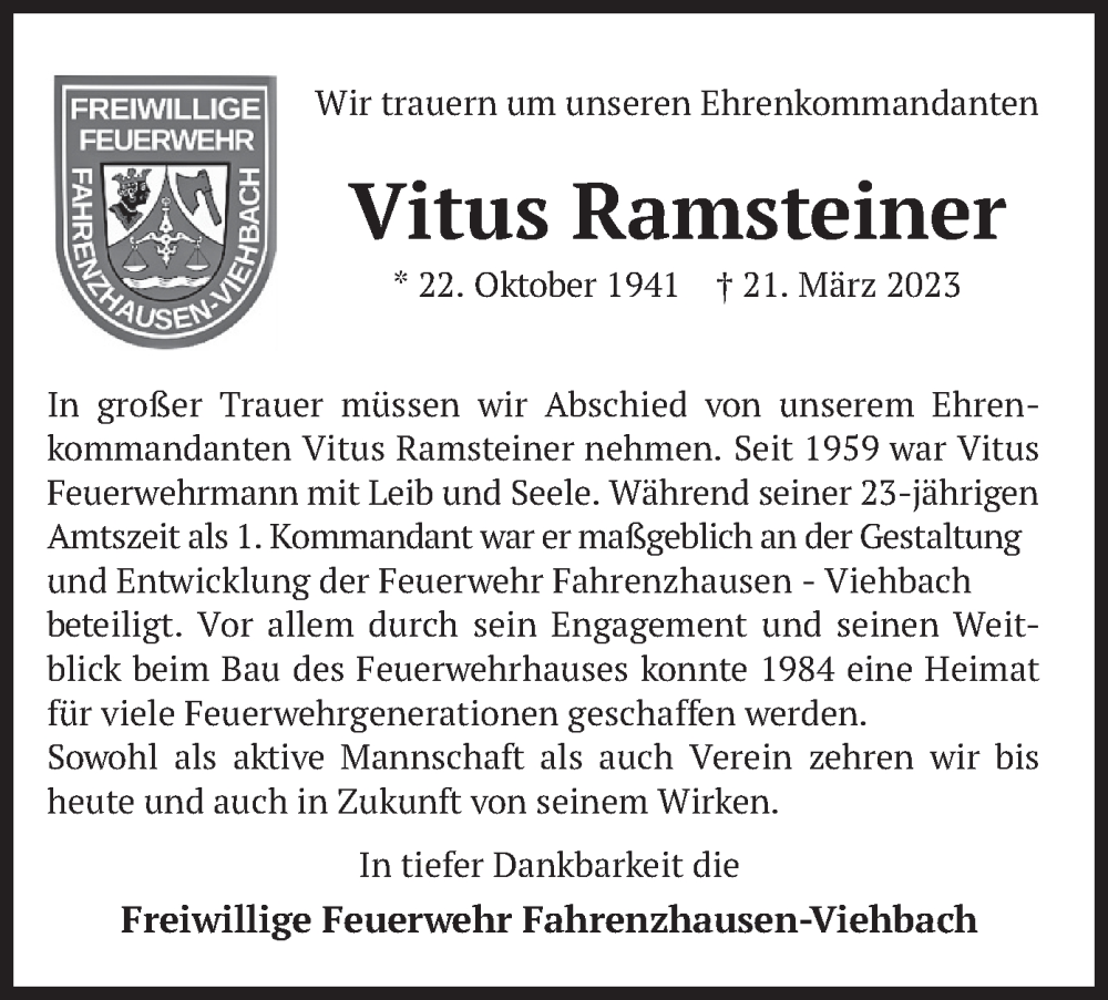  Traueranzeige für Vitus Ramsteiner vom 27.03.2023 aus merkurtz