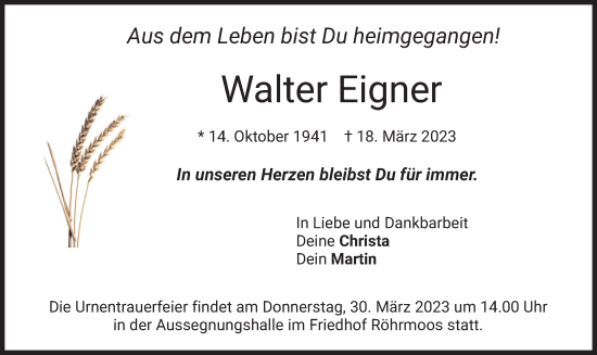 Traueranzeige von Walter Eigner von merkurtz