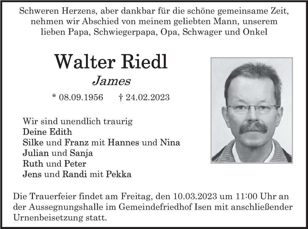 Traueranzeige für Walter Riedl vom 07.03.2023 aus merkurtz