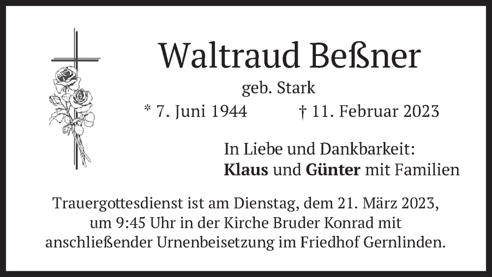  Traueranzeige für Waltraud Beßner vom 18.03.2023 aus merkurtz