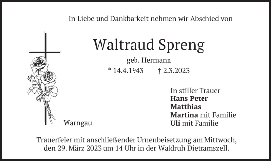 Traueranzeige von Waltraud Spreng von merkurtz