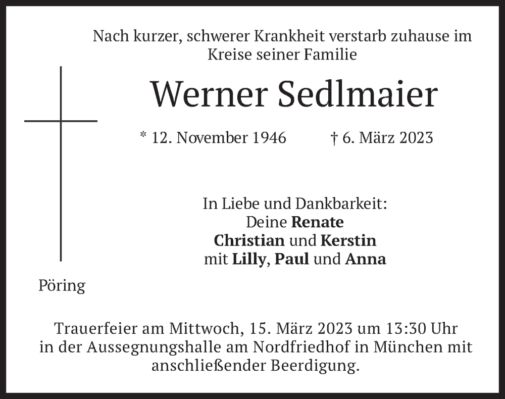 Traueranzeige für Werner Sedlmaier vom 11.03.2023 aus merkurtz