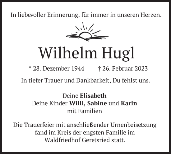 Traueranzeige von Wilhelm Hugl von merkurtz