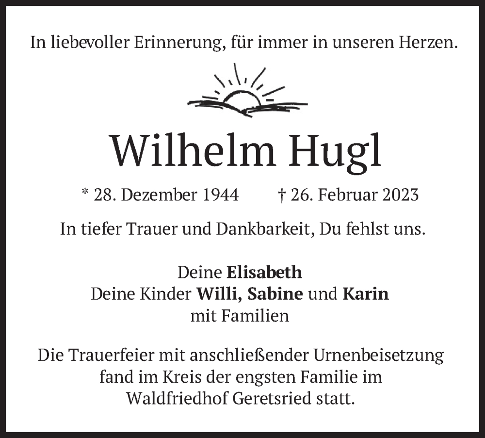  Traueranzeige für Wilhelm Hugl vom 25.03.2023 aus merkurtz