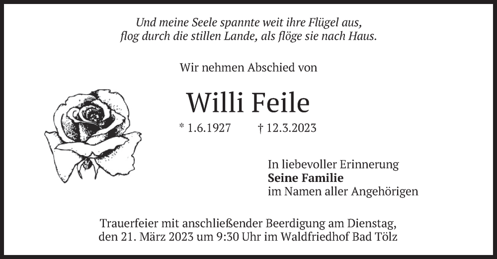  Traueranzeige für Willi Feile vom 18.03.2023 aus merkurtz