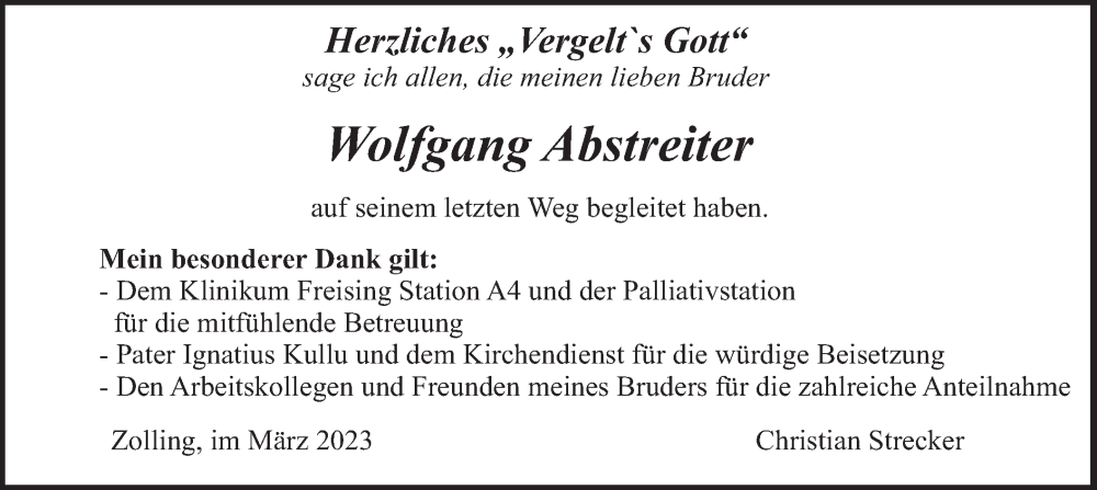  Traueranzeige für Wolfgang Abstreiter vom 18.03.2023 aus merkurtz