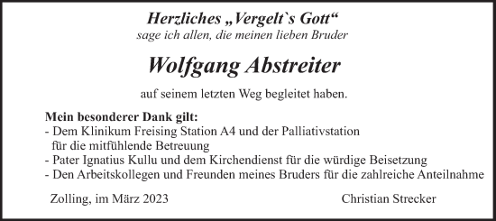 Traueranzeige von Wolfgang Abstreiter von merkurtz