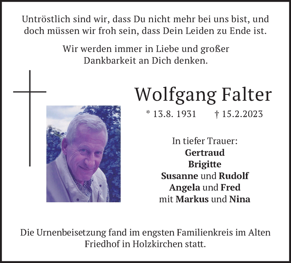  Traueranzeige für Wolfgang Falter vom 18.03.2023 aus merkurtz