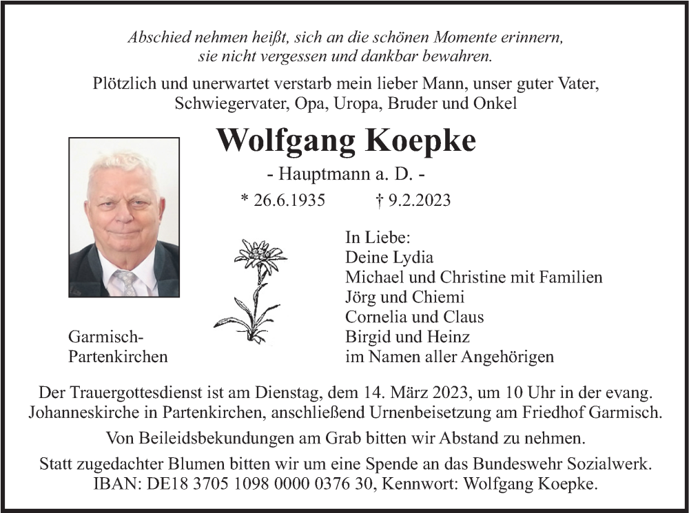  Traueranzeige für Wolfgang Koepke vom 04.03.2023 aus merkurtz