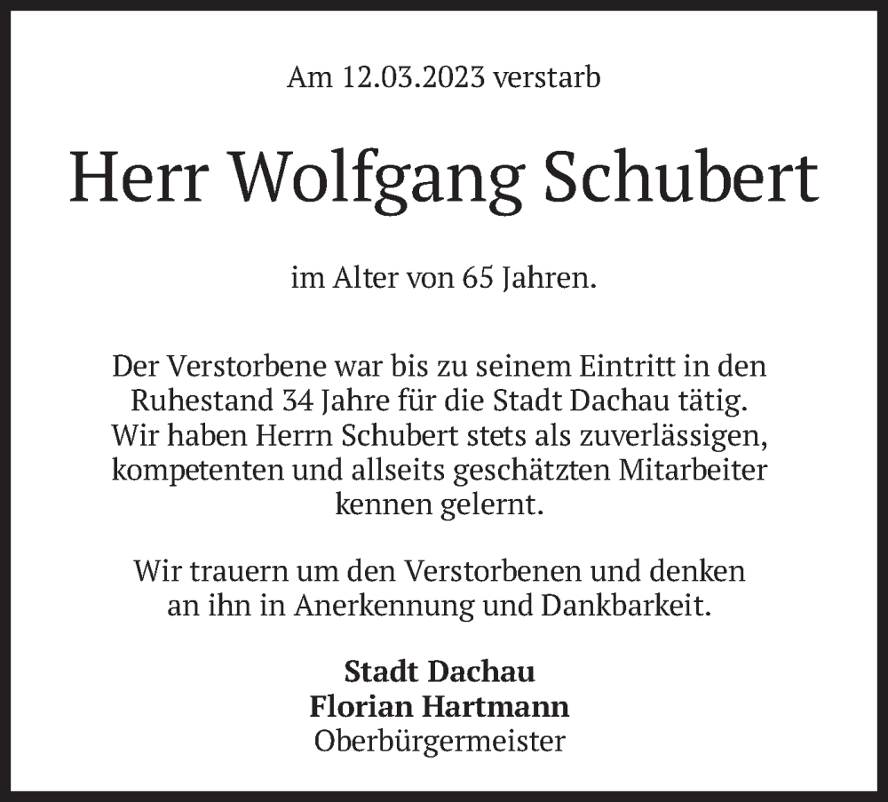  Traueranzeige für Wolfgang Schubert vom 18.03.2023 aus merkurtz