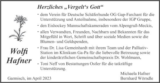 Traueranzeige von Wolfi Hafner von merkurtz