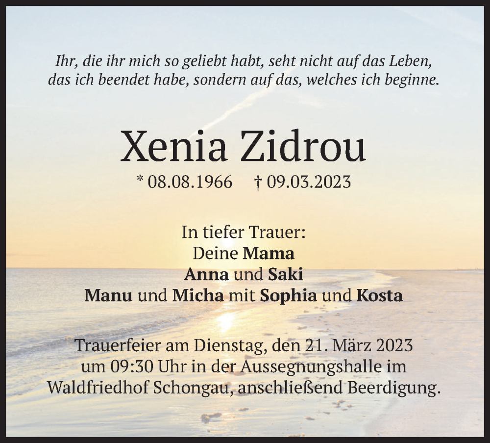  Traueranzeige für Xenia Zidrou vom 18.03.2023 aus merkurtz
