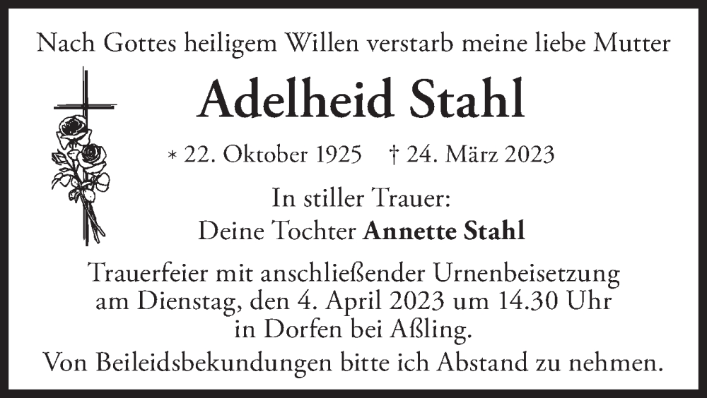 Traueranzeigen von Adelheid Stahl | trauer.merkur.de