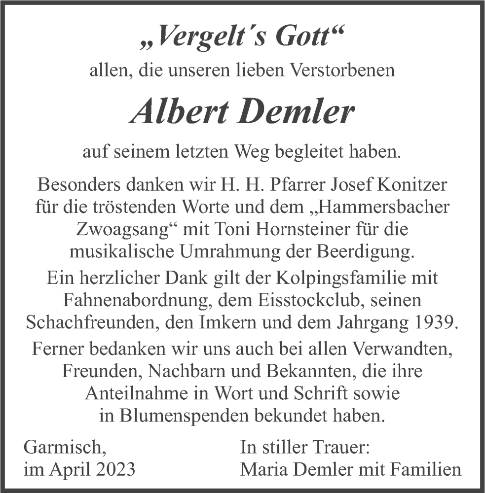  Traueranzeige für Albert Demler vom 08.04.2023 aus merkurtz