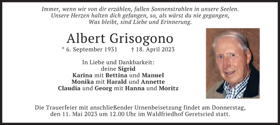 Traueranzeige von Albert Grisogono von merkurtz