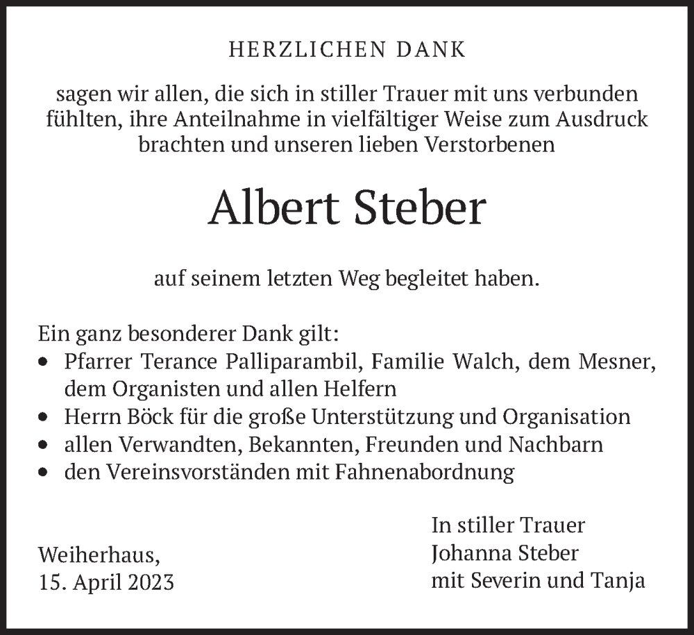  Traueranzeige für Albert Steber vom 15.04.2023 aus merkurtz