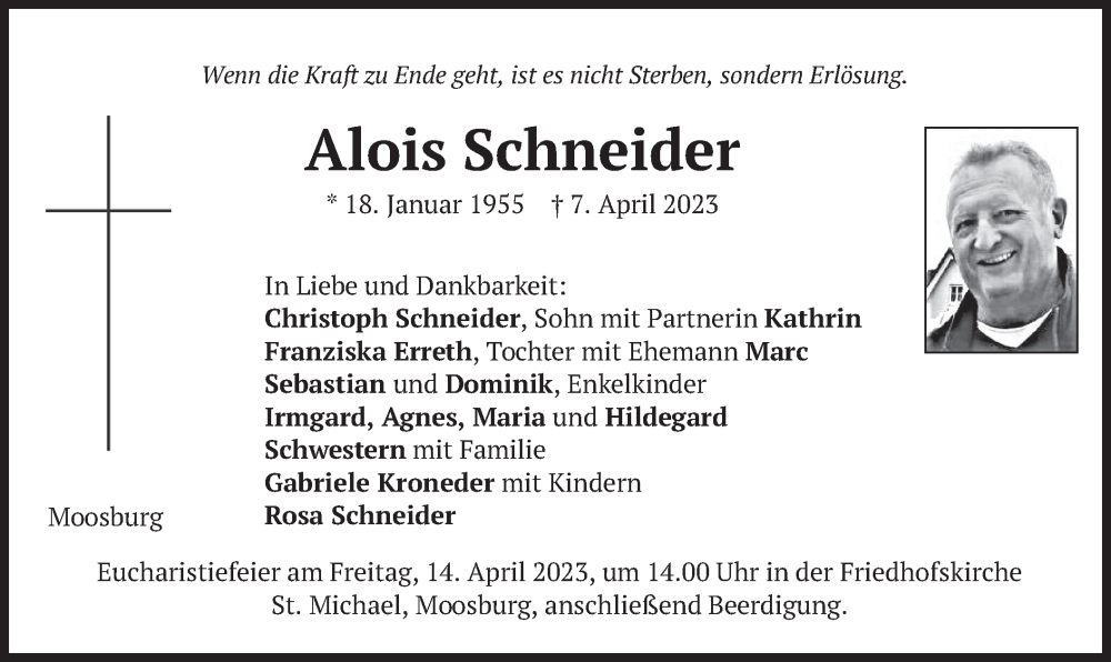  Traueranzeige für Alois Schneider vom 11.04.2023 aus merkurtz