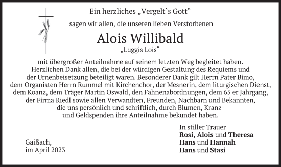 Traueranzeige von Alois Willibald von merkurtz