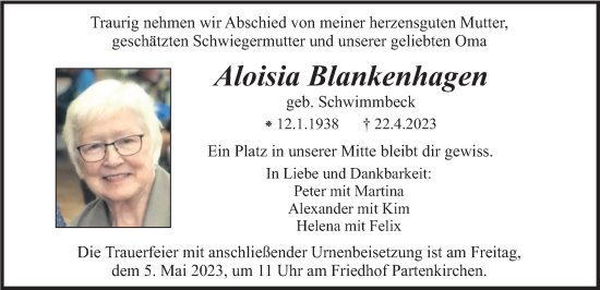 Traueranzeige von Aloisia Blankenhagen von merkurtz