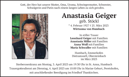 Traueranzeige von Anastasia Geiger von merkurtz