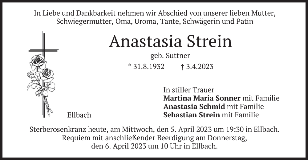  Traueranzeige für Anastasia Strein vom 05.04.2023 aus merkurtz
