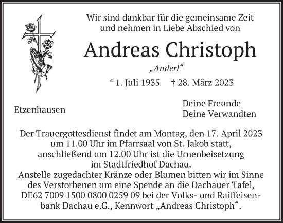 Traueranzeige von Andreas Christoph von merkurtz