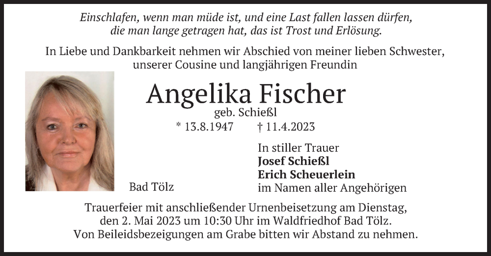  Traueranzeige für Angelika Fischer vom 28.04.2023 aus merkurtz