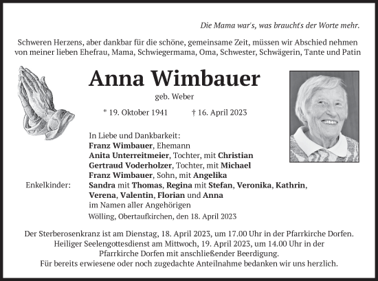 Traueranzeige von Anna Wimbauer von merkurtz