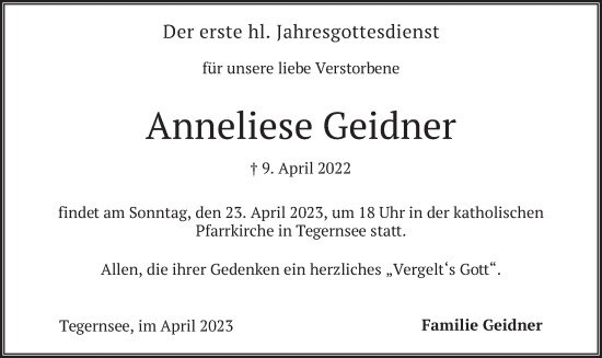 Traueranzeige von Anneliese Geidner von merkurtz