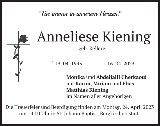 Traueranzeige von Anneliese Kiening von merkurtz