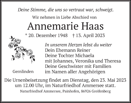 Traueranzeige von Annemarie Haas von merkurtz