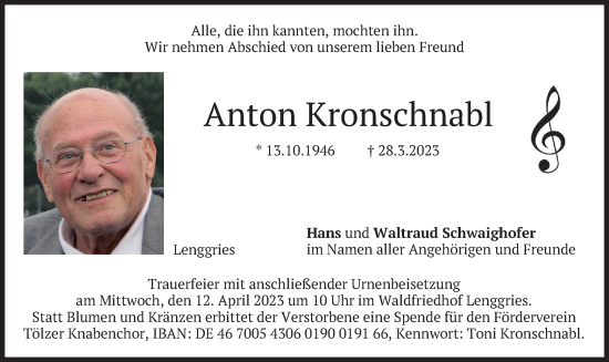 Traueranzeige von Anton Kronschnabl von merkurtz