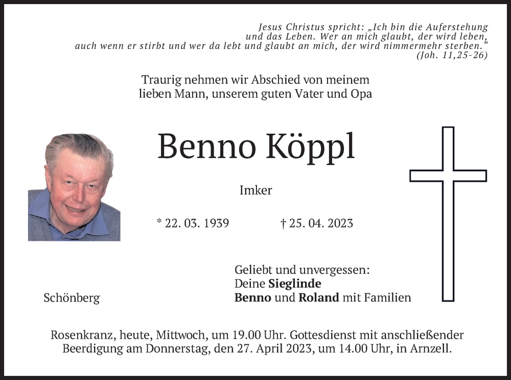  Traueranzeige für Benno Köppl vom 26.04.2023 aus merkurtz
