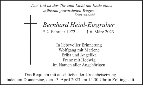 Traueranzeige von Bernhard Heinl-Eisgruber von merkurtz