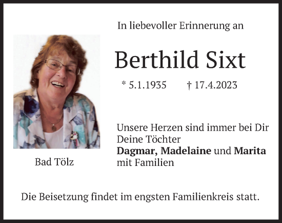 Traueranzeige von Berthild Sixt von merkurtz