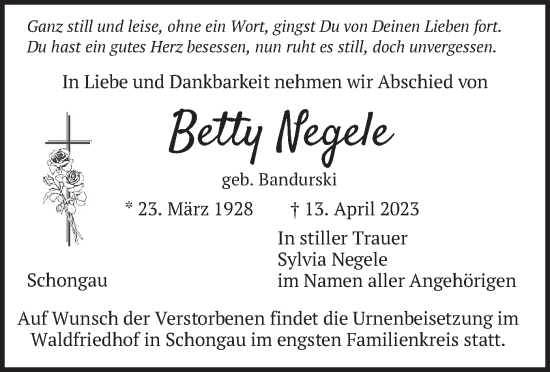 Traueranzeige von Betty Negele von merkurtz