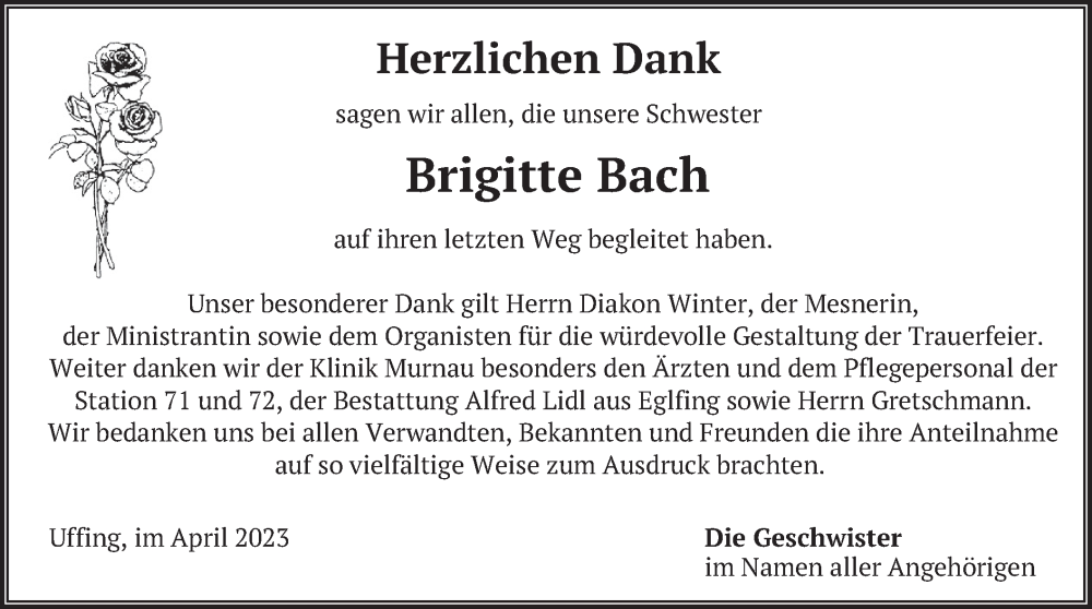  Traueranzeige für Brigitte Bach vom 01.04.2023 aus merkurtz