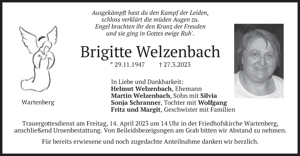  Traueranzeige für Brigitte Welzenbach vom 11.04.2023 aus merkurtz
