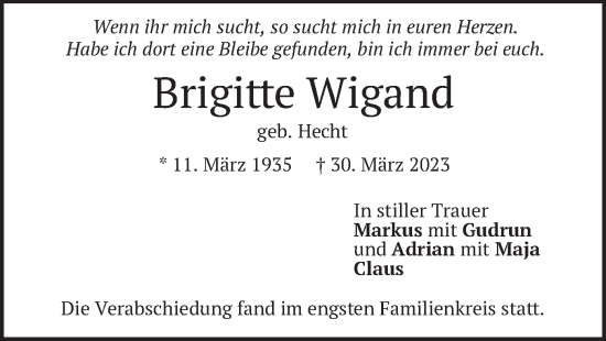 Traueranzeige von Brigitte Wigand von merkurtz