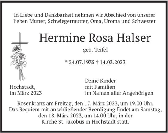 Traueranzeige von Hermine Rosa Halser von merkurtz